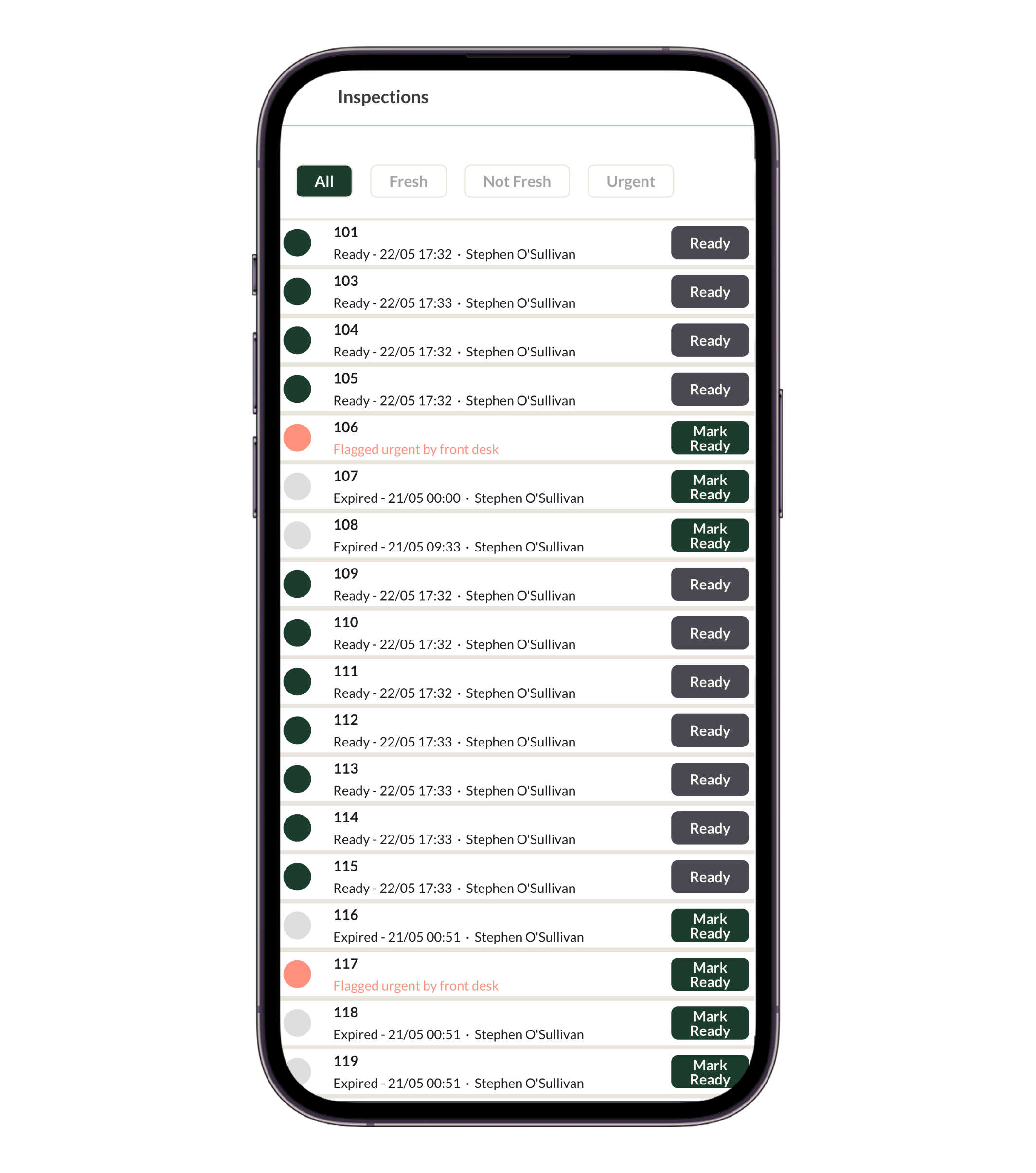 Room inspection list on mobile showing ready and urgent rooms