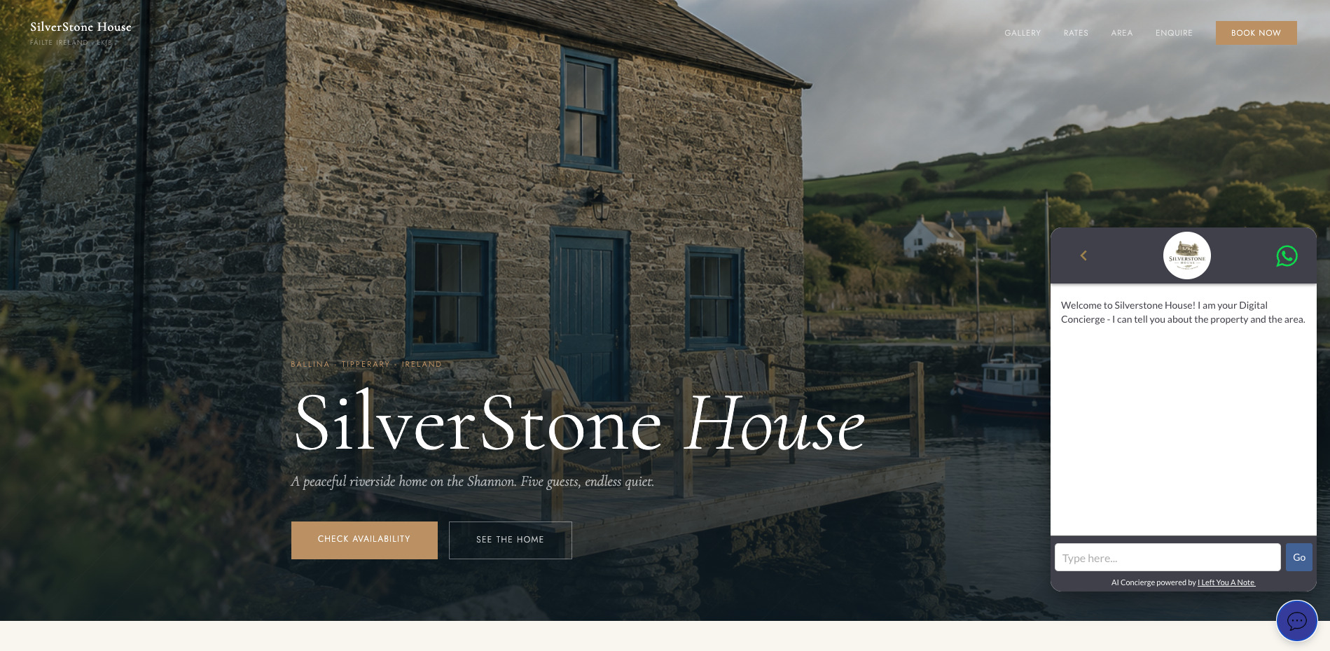 SilverStone House — a property website generated by ILYAN, showing hero image, navigation and live AI concierge widget