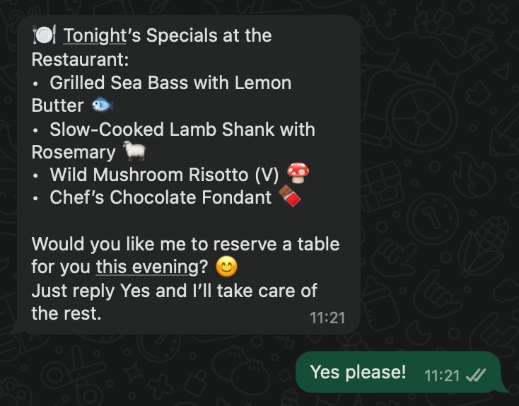 WhatsApp dinner upsell message with guest reply